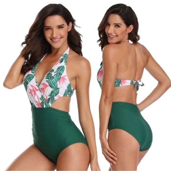 NEW Women’s one piece swimsuit tummy control halter v-neck, medium - Picture 1 of 7